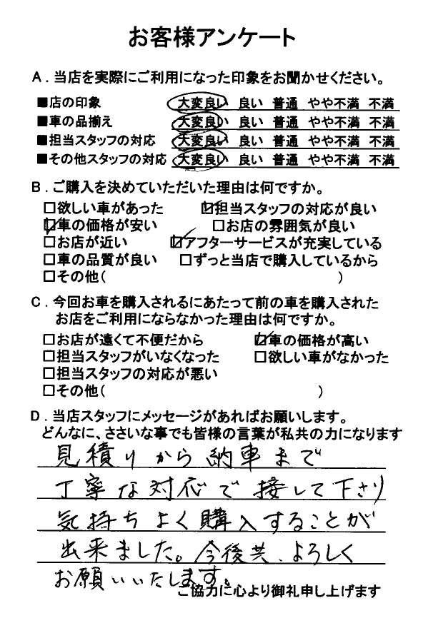 お客様アンケート 軽自動車販売専門店ダイキュー 大久自動車販売 お客様アンケート 軽自動車販売専門店ダイキュー 大久自動車販売